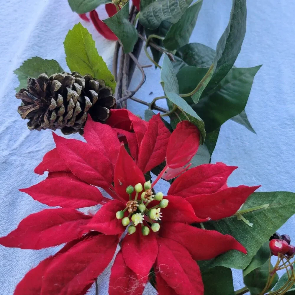 Red Poinsettia & Berry 6ft Mantel Door Stair Flower Swag Arrangement Christmas